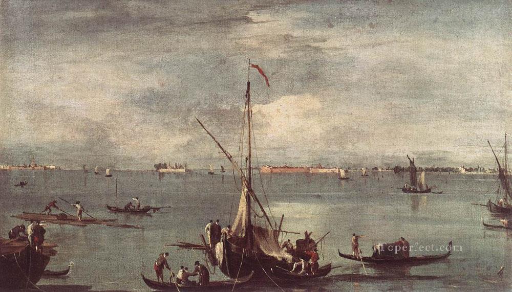 The Lagoon with Boats Gondolas and Rafts Venetian School Francesco Guardi Oil Paintings